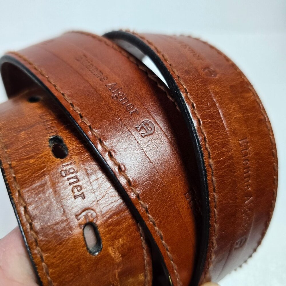 Vtg 90s Etienne Aigner Branded Cognac Brown Leather Belt with Gold Buckle, XL - Picture 3 of 9
